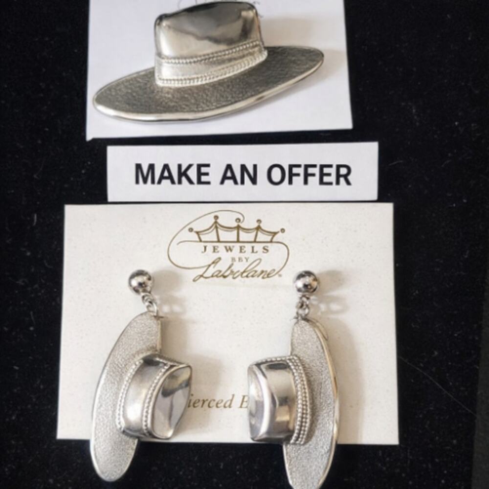 VTG Park Lane Silver Tone Fedora Hat Brooch Matched Dangle Pierced Earrings NEW